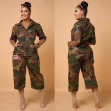 Women Camouflage Print Pocket Turndown Collar Jumpsuit