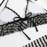 Traje de baño de tres piezas con falda fruncida a rayas con lazo y corbata Traje de baño de bikini de dos piezas