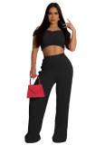 Women Spring Casual Off Shoulder Crop Top And Wide Leg Pants Two-Piece Set