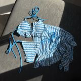 Traje de baño de tres piezas con falda fruncida a rayas con lazo y corbata Traje de baño de bikini de dos piezas