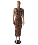 Damen Sommermode Leopardenmuster Sexy Ärmelloses Kleid mit niedrigem Rücken