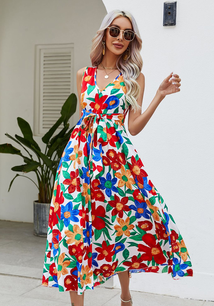 Wholesale Summer Holidays V-Neck Waistband Big Flower Beach Dress ...