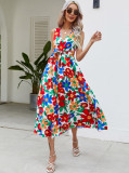 Summer Holidays V-Neck Waistband Big Flower Beach Dress