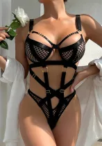 Single Piece Funny Fishing Net Cutout Sexy See-Through Nightclub Ribbon Patchwork Bodysuit