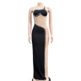 Fashion Women's Solid Color Beaded Sleeveless Strap Long Dress