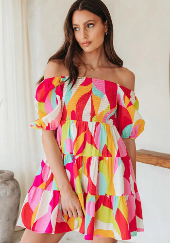 Kapalı Omuz Kazak Geometrik Desen Bayan Tatlı Gevşek Kısa Kollu Elbise