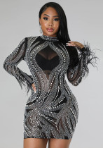 Vestido de manga larga ceñido al cuerpo con cuentas transparentes sexy de moda