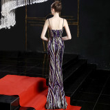 High end sequin stripe color slim fitting dinner party annual meeting suspender long dress