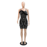 Sexy Strap Patchwork Plush Christmas Party Beaded Dress