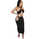 Women's Fashion Sexy Solid Cut Out Chest Wrapping Lace Waist Long Skirt Set