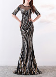High end sequin stripe color matching slim fitting dinner party annual dress long woman