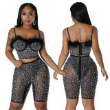 Sexy See-Through Strap Beaded Two Piece Summer Fashion Set