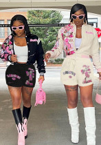 Women's fashion printed bomber jacket shorts set