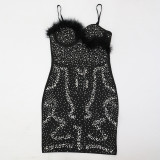 Sexy Strap Patchwork Plush Christmas Party Beaded Dress