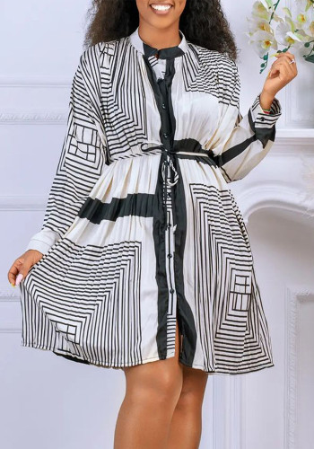 女性のプリント プリーツ ファッション レースアップ カジュアル プラス サイズ アフリカン ドレス