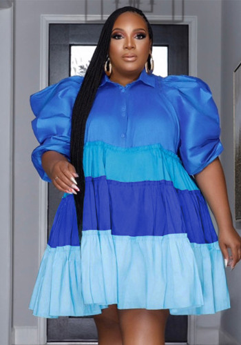 Patchwork Kontrast Balon Kollu Salıncak Elbise Büyük Beden Kadın Elbisesi