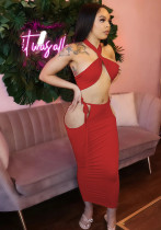 Kadın Moda Seksi Katı Cut Out Göğüs Sarma Dantel Bel Uzun Etek Seti