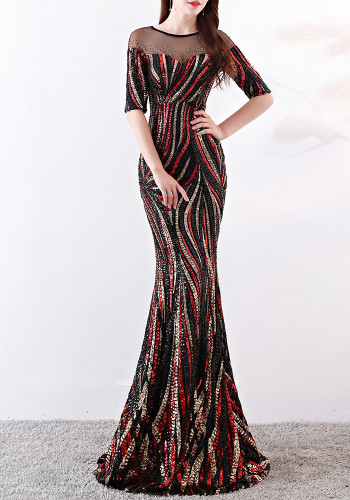 High-end pailletten streep kleur bijpassende slank passende etentje jaarlijkse jurk lange vrouw