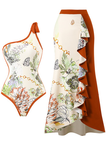 Dameszwemkleding Elegante print Patchwork Contrast Strand Zonnebrandcrème Rok Een schouder Tweedelige badkleding