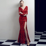 Long Deep V Long Sleeve Split Night Club Show Host Car Model Sequins Evening Dress