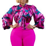 Women's Fashion Chic Slim Fit Printed Lace-Up Plus Size African Shirt