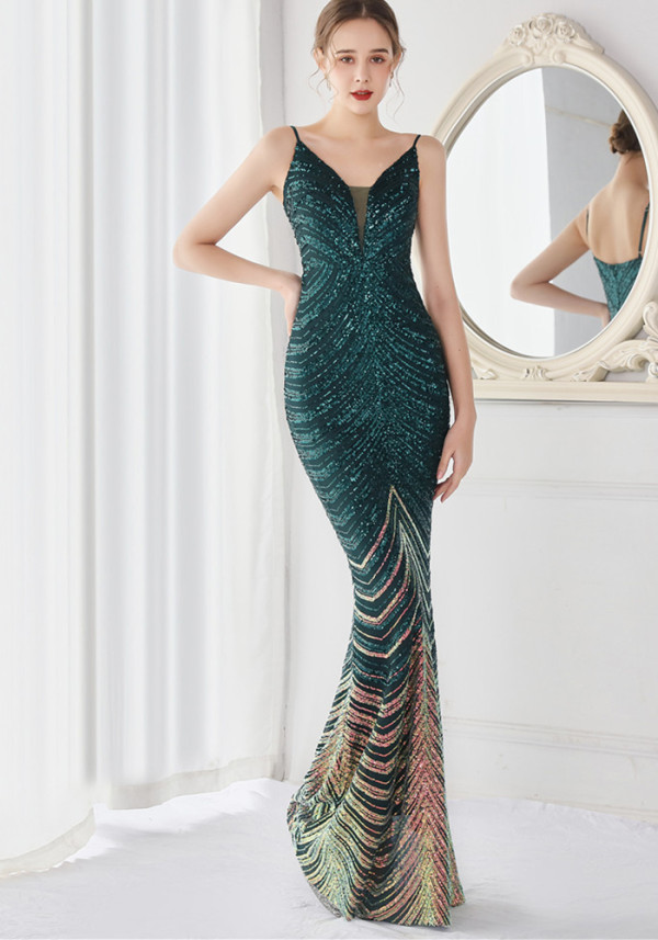 Long Sequins Plus Plus Size Performance Formal Party Evening Dress