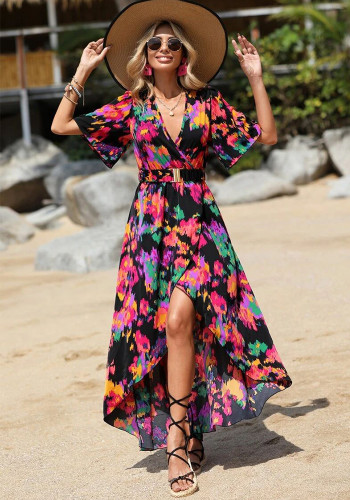 Summer Holidays Tie Dyed Print Bubble Sleeve Split Irregular Beach Dress