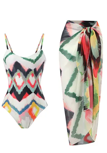 Ombre Tie Dye One Piece Swimsuit Cover Up Skirt Two-Piece Beach Swimwear Set