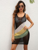Kadın Elbisesi Kontrast Renk Kırk Yama İçi Boş Örme Plaj Bikini Örtbas Kadınlar İçin Sundress