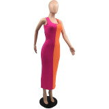 Women'S Straps Colorblock Ribbed Long Dress