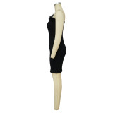 Ladies' Fashion Ribbed Feather Slash Shoulder Sleeveless Bodycon Dress