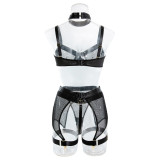 Sexy Lingerie Sexy Mesh Patchwork Halter Neck Gathered Comfortable Four-Piece Set