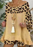 Spring Summer Women'S Leopard Print Patchwork Casual Fashion Long Sleeve Two Piece Shorts Set