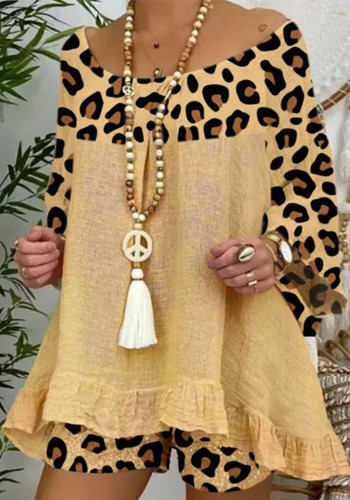 Весенне-летние женские леопардовые лоскутные повседневные модные шорты с длинным рукавом из двух частей