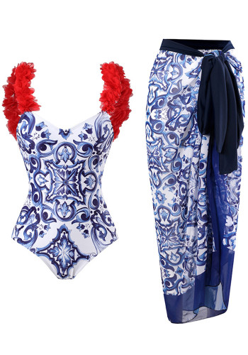 Traje de baño de una pieza con estampado de pétalos rojos en azul y blanco, traje de baño de dos piezas para mujer