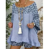 Spring Summer Women'S Leopard Print Patchwork Casual Fashion Long Sleeve Two Piece Shorts Set