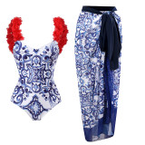 Blue And White Printed Red Petals Bodycon One Piece Swimsuit Cover Up Skirt Women'S Two-Piece Swimwear