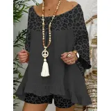Spring Summer Women'S Leopard Print Patchwork Casual Fashion Long Sleeve Two Piece Shorts Set