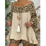 Spring Summer Women'S Leopard Print Patchwork Casual Fashion Long Sleeve Two Piece Shorts Set