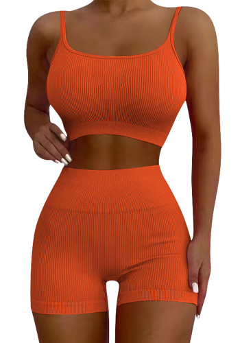 Mesdames Fashion Casual Sports Solid Straps Crop Tank Top and Shorts Two-Piece Set