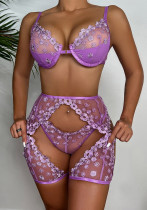 Lencería sexy de tres piezas de exportación de flores bordado Patchwork de tres piezas ropa interior de mujer Bikini sujetador y conjunto de bragas