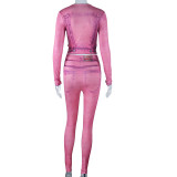 Women'S Print Zipper Round Neck Long Sleeve Top Tight Fitting Butt Lift Basic Pants Fashion Two Piece Set