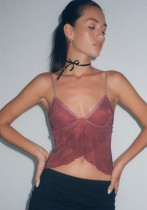 Camisola sexy con cuello en V y volantes Top de verano para mujer Camiseta sin mangas con estampado informal