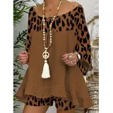 Spring Summer Women'S Leopard Print Patchwork Casual Fashion Long Sleeve Two Piece Shorts Set