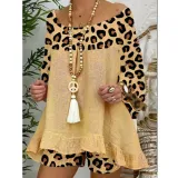 Spring Summer Women'S Leopard Print Patchwork Casual Fashion Long Sleeve Two Piece Shorts Set