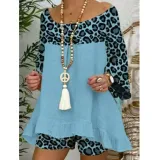 Spring Summer Women'S Leopard Print Patchwork Casual Fashion Long Sleeve Two Piece Shorts Set