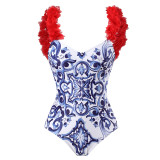 Blue And White Printed Red Petals Bodycon One Piece Swimsuit Cover Up Skirt Women'S Two-Piece Swimwear