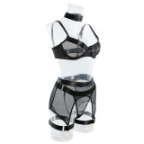 Sexy Lingerie Sexy Mesh Patchwork Halter Neck Gathered Comfortable Four-Piece Set