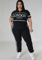 Conjunto de pantalones casuales de dos piezas deportivos con bolsillo con cremallera y letras sólidas para mujer de talla grande a la moda