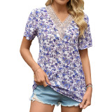 Women Summer Lace Patchwork V-Neck Chiffon Print Loose Short Sleeve Top